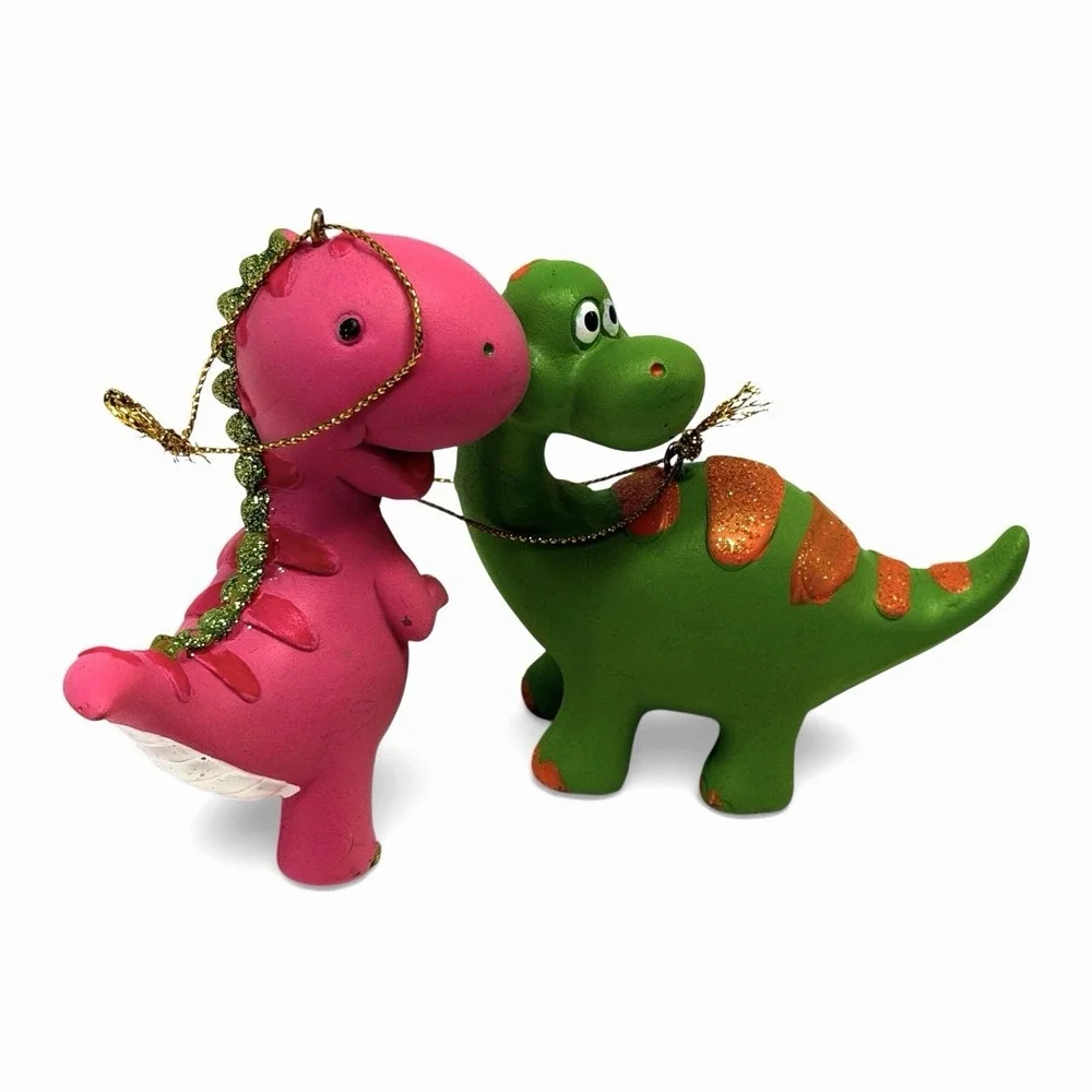 Pink T-Rex & Green Brontosaurus Dinosaur Christmas Tree Ornaments‎ - Lot of (2)